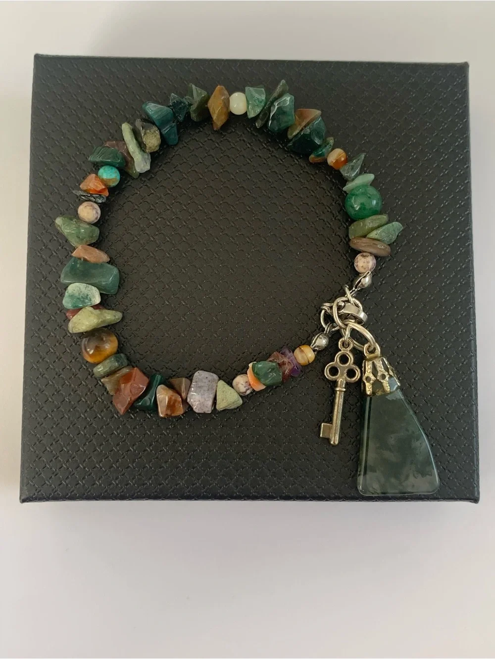 Multicolor Beaded Gemstone Charm Bracelet with Moss Agate Pendant